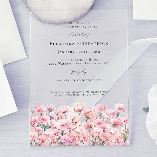 Invitaciones Acrílicas 100th Birthday Pink Carnation January Birth Flower (Subido por el creador)