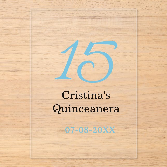 Invitaciones Acrílicas 15th quinceanera birthday blue black bold letter n (Anverso)