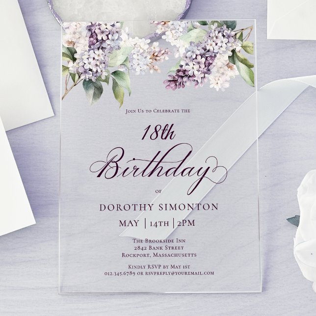 Invitaciones Acrílicas 18.º cumpleaños Flor Lilac Purple Spring (Subido por el creador)