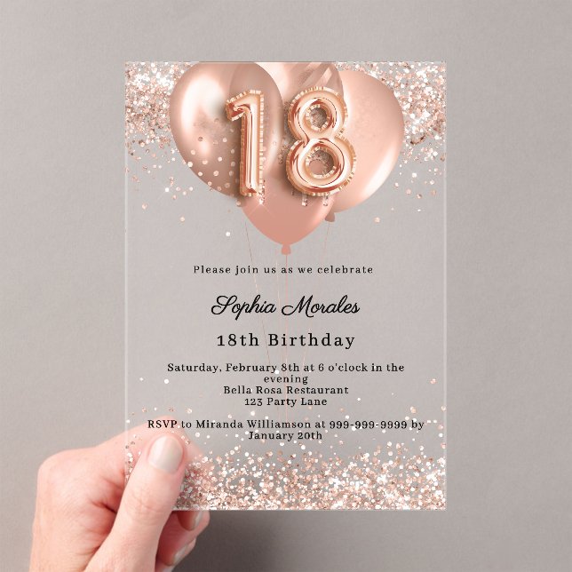 Invitaciones Acrílicas 18th birthday rose gold luxury balloons clear (Insitu (portátil))