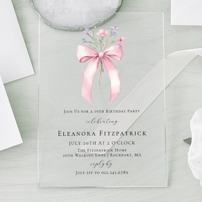 Invitaciones Acrílicas 19.ª fiesta de cumpleaños Coquette rosa Flor silve (Subido por el creador)