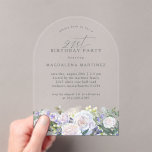 Invitaciones Acrílicas 21.ª Fiesta de cumpleaños arco floral azul blanco<br><div class="desc">Elegante decoración floral de rosa blanco y flores silvestres azules decora el fondo de esta moderna invitación de cumpleaños en forma de arco. 21st está escrito en un tipo de letra de escritura moderno. El resto del texto es un cuadro espacioso.</div>