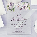 Invitaciones Acrílicas 21.º cumpleaños Flor Lilac de Primavera Púrpura<br><div class="desc">Las lilatas moradas de acuarela suave crean una invitación de cumpleaños número 21 de primavera bonito. La tipografía añade una estética elegante. Forma parte de la colección Purple Spring Lilac Flower. Le permite elegir un tema y, a continuación, crear fácilmente una suite de invitados única, carteles de bienvenida y decoración...</div>
