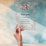 Invitaciones Acrílicas 21 cumpleaños rosa estrellas de oro claro fiesta<br><div class="desc">Para un elegante fiesta de 21 años. Un trasfondo claro y transparente. Decorada con estrellas de oro rosa y número 21,  escrita con un tipo de letra de estilo globo. Personalice y agregue su nombre y detalles del fiesta.</div>
