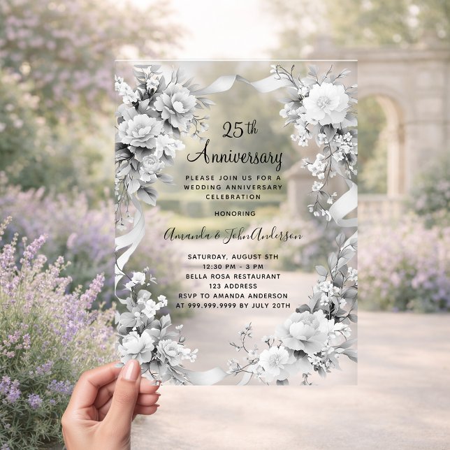 Invitaciones Acrílicas 25.º boda aniversario floral plateado esmerilado (Subido por el creador)