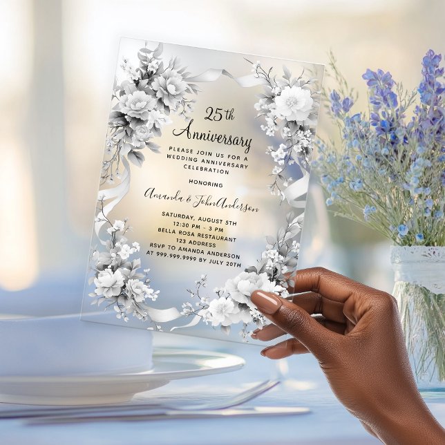 Invitaciones Acrílicas 25.º boda aniversario floral plateado esmerilado (Subido por el creador)