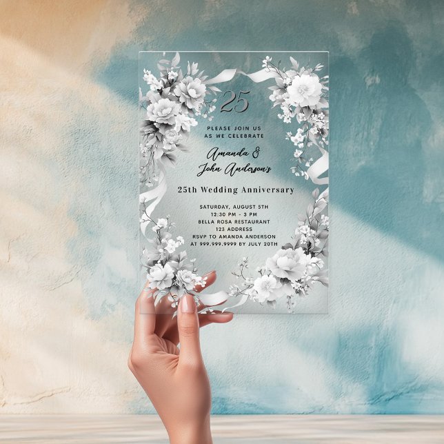 Invitaciones Acrílicas 25° aniversario boda florales plateadas claras (Subido por el creador)