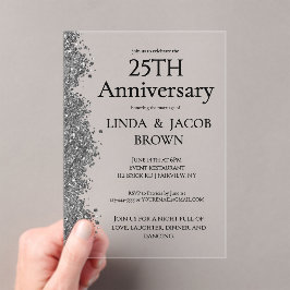 Invitaciones Acrílicas 25th Wedding Anniversary Silver Faux Glitter 