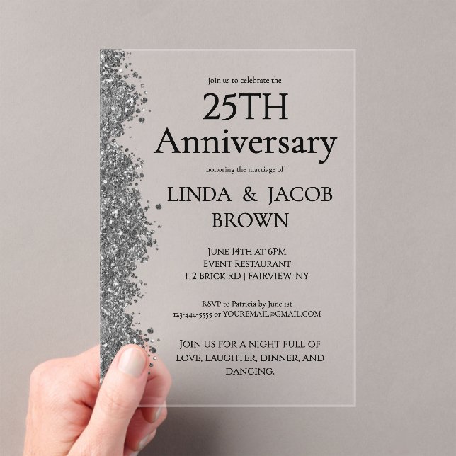 Invitaciones Acrílicas 25th Wedding Anniversary Silver Faux Glitter  (Insitu (portátil))