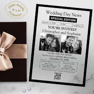 Invitaciones Acrílicas 2 Clásico de Tipografía de Periódico Boda