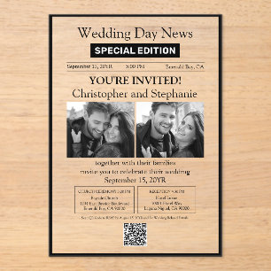Invitaciones Acrílicas 2 Clásico de Tipografía de Periódico Boda