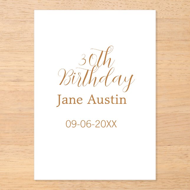 Invitaciones Acrílicas 30th birthday copper brown simple stylish name dat (Anverso)