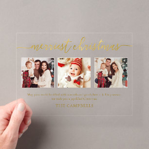 Invitaciones Acrílicas 3 Collage de Fotos Moderno Script "Merriest Christ
