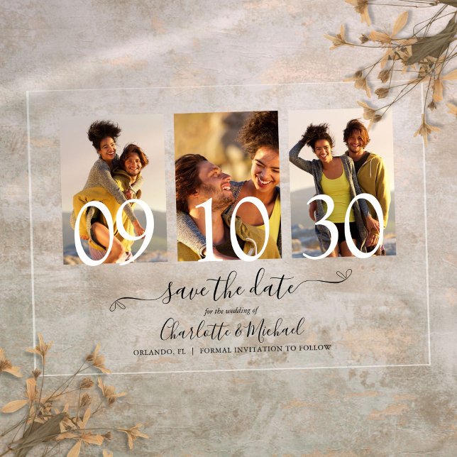 Invitaciones Acrílicas 3 Foto Firma Script Boda Guardar La Fecha (3 Photo Signature Script Wedding Save The Date Acrylic Invitations)