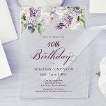 Invitaciones Acrílicas 40.º cumpleaños Flor Lilac Purple Spring<br><div class="desc">Las lilatas moradas de acuarela suave crean una invitación de cumpleaños número 40 de primavera bonito. La tipografía añade una estética elegante. Forma parte de la colección Purple Spring Lilac Flower. Le permite elegir un tema y, a continuación, crear fácilmente una suite de invitados única, carteles de bienvenida y decoración...</div>