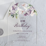 Invitaciones Acrílicas 40.º natalicio Arco de Flores Lilac Purple Spring<br><div class="desc">Las lilatas moradas de acuarela suave crean una invitación de cumpleaños número 40 en primavera de bonito. La caligrafía añade una estética elegante. Forma parte de la colección Purple Spring Lilac Flower. Le permite elegir un tema y, a continuación, crear fácilmente una suite de invitados única, carteles de bienvenida y...</div>
