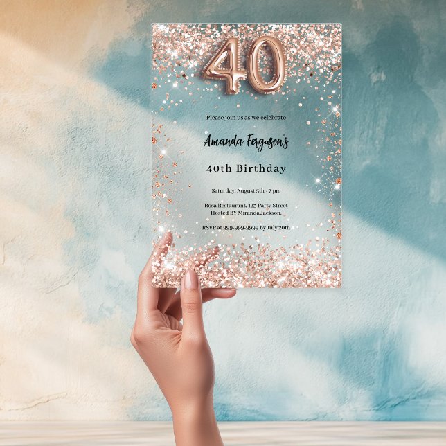 Invitaciones Acrílicas 40.º rosa fiesta de oro claro (Subido por el creador)