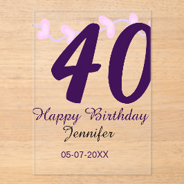 Invitaciones Acrílicas 40th birthday add name date year purple floral pin