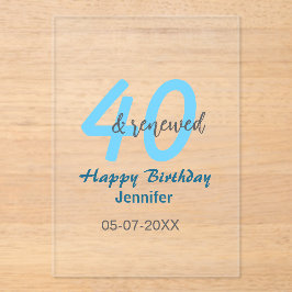 Invitaciones Acrílicas 40th & renewed birthday name date blue bold number
