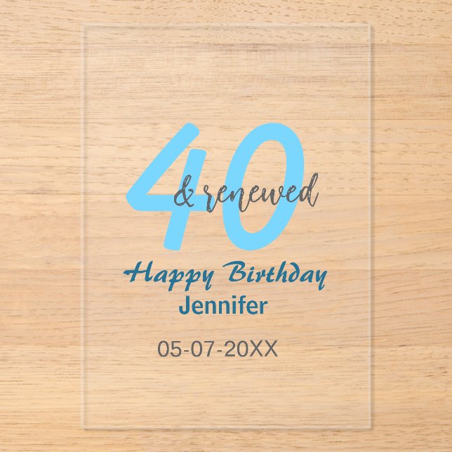 Invitaciones Acrílicas 40th & renewed birthday name date blue bold number (Anverso)