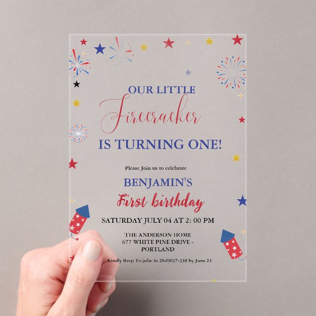Invitaciones Acrílicas 4 de julio Primer cumpleaños de Little Firecracker (Insitu (portátil))