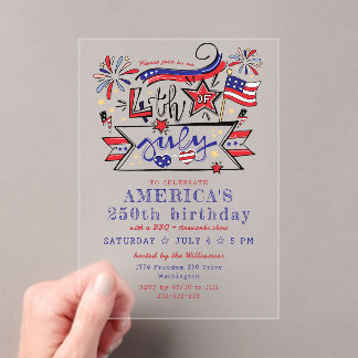 Invitaciones Acrílicas 4th of July Backyard BBQ & Fireworks America 250