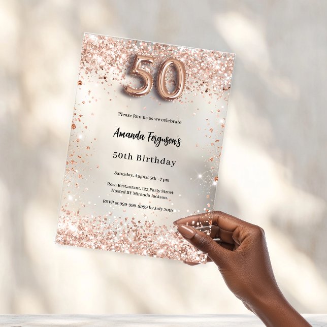 Invitaciones Acrílicas 50.º rosa fiesta de oro claro (Subido por el creador)