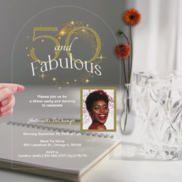Invitaciones Acrílicas 50 y fabuloso cumpleaños foto única oro blanco