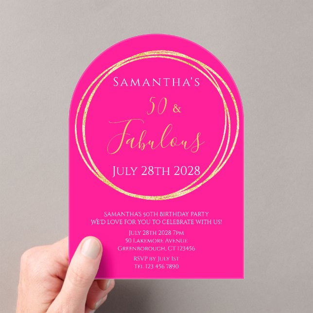 Invitaciones Acrílicas 50th Birthday Hot Pink Gold Birthday (Insitu (portátil))