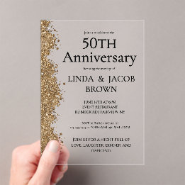 Invitaciones Acrílicas 50th Wedding Anniversary Gold Faux Glitter