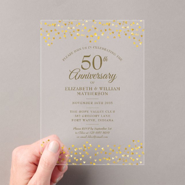 Invitaciones Acrílicas 50th Wedding Anniversary Gold Love Hearts Confetti (Insitu (portátil))