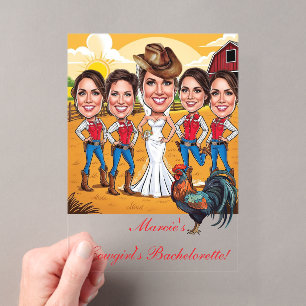 Invitaciones Acrílicas 5 caricaturas de vaquera rústica para despedida de