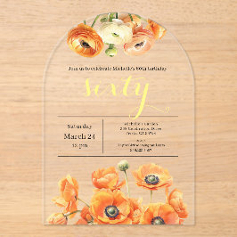 Invitaciones Acrílicas 60.º cumpleaños Naranja Jardín moderno Flores blan