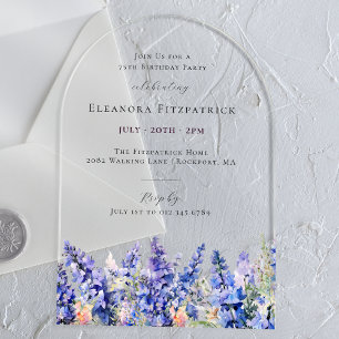 Invitaciones Acrílicas 75.º cumpleaños Azul Larkspur Julio Arco de Flores