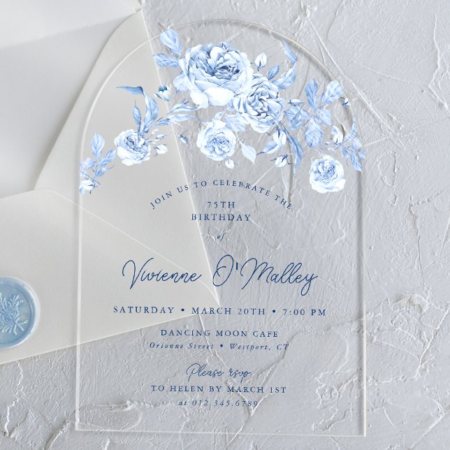 Invitaciones Acrílicas 75th Birthday Party Dusty Blue Rose Floral Arch (Subido por el creador)