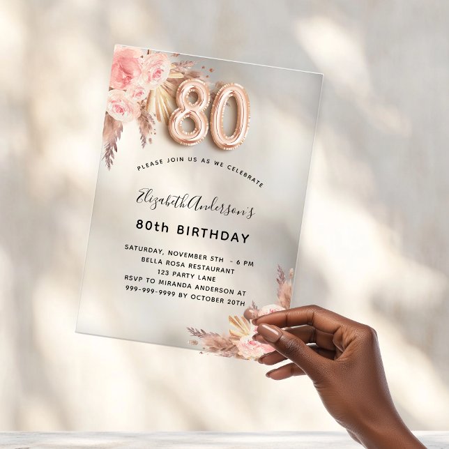 Invitaciones Acrílicas 80 años pampas rosa flores despejadas (Subido por el creador)