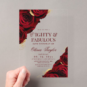 Invitaciones Acrílicas 80 cumpleaños de Rosas Rojas Burgundy Gold