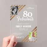 Invitaciones Acrílicas 80 y Fabulous Gold Purpurina 2 Photo 80th Birthday<br><div class="desc">80 y Fabulous Gold Purpurina 2 Invitaciones acrílicas de Fiesta de sorpresa de cumpleaños 80. Moderna y elegante invitación de cumpleaños de purpurina de oro para ella. Añade tus fotos - puedes usar una foto antigua y una nueva. Puede cambiar todo el texto.</div>
