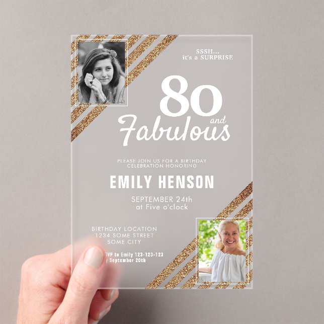 Invitaciones Acrílicas 80 y Fabulous Gold Purpurina 2 Photo 80th Birthday (Insitu (portátil))
