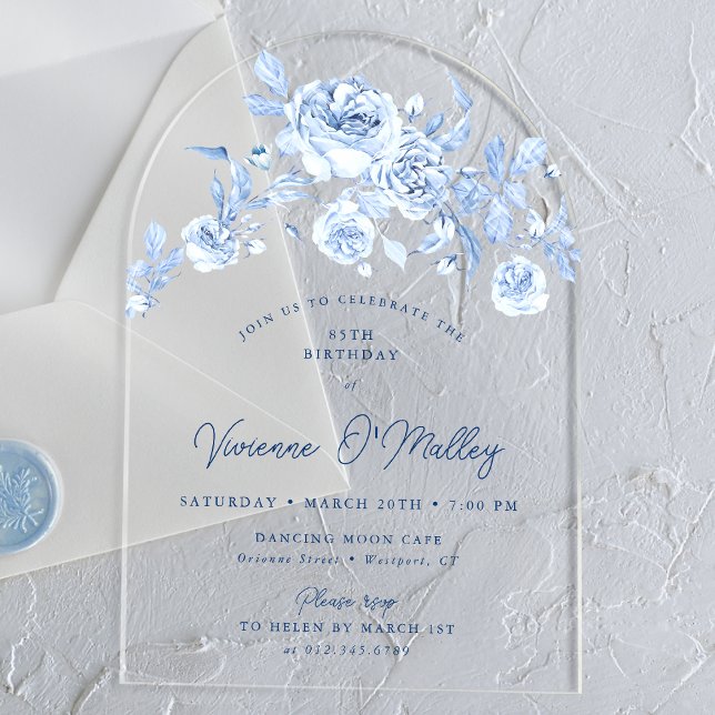 Invitaciones Acrílicas 85th Birthday Party Dusty Blue Rose Floral Arch (Subido por el creador)