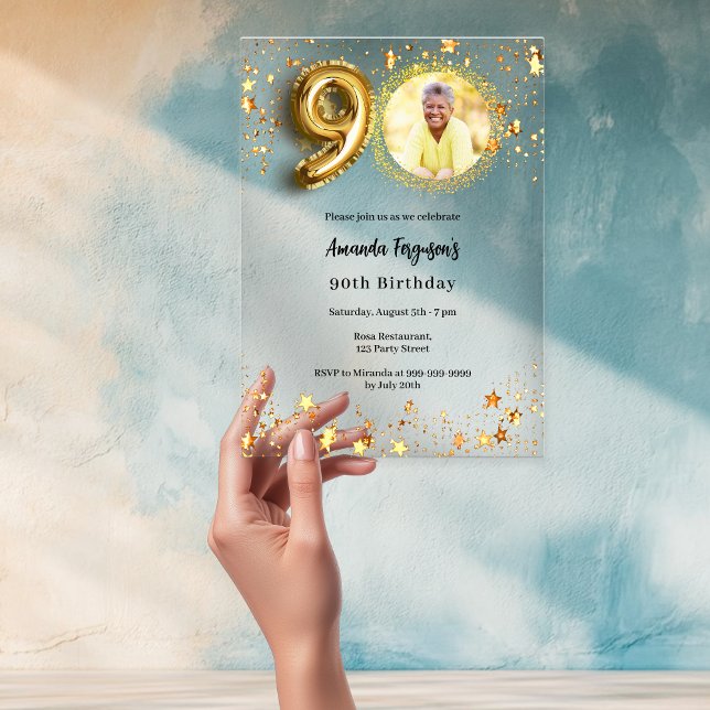 Invitaciones Acrílicas 90 cumpleaños fotos de oro claras (Subido por el creador)