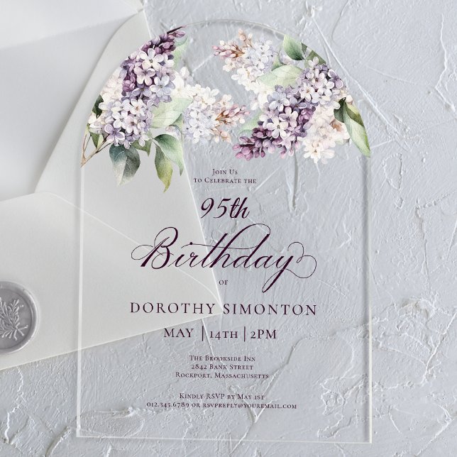 Invitaciones Acrílicas 95.º cumpleaños Arco de Flores Lilac Purple Spring (Subido por el creador)