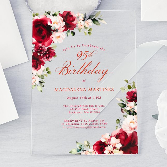 Invitaciones Acrílicas 95.º cumpleaños Floral de peones rosados rojos (Subido por el creador)