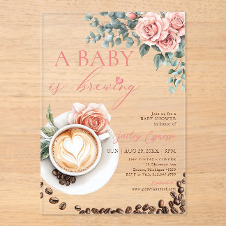 Invitaciones Acrílicas A Baby is Brewing Romantic Coffee Baby Shower
