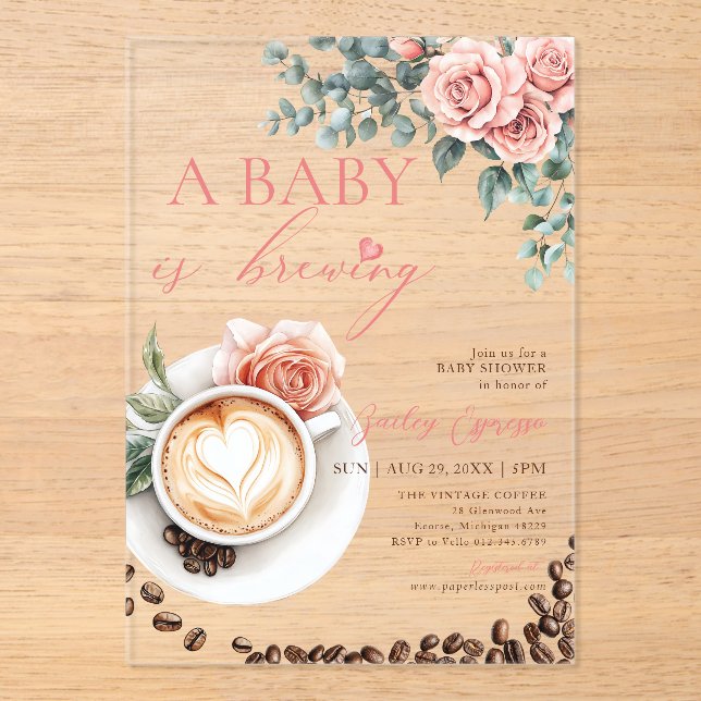 Invitaciones Acrílicas A Baby is Brewing Romantic Coffee Baby Shower (Anverso)