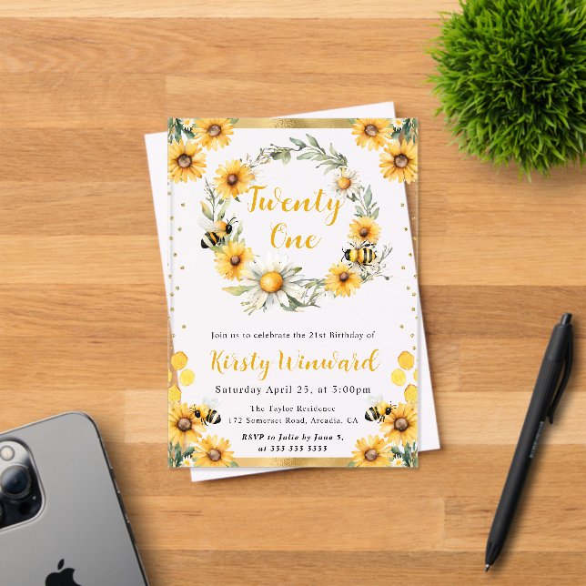 Invitaciones Acrílicas Abeja de verano acuarela y girasoles cumpleaños 21 (Insitu (Tarjeta de Invitación))