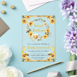 Invitaciones Acrílicas Abeja de verano en acuarela y girasoles Dulces 16