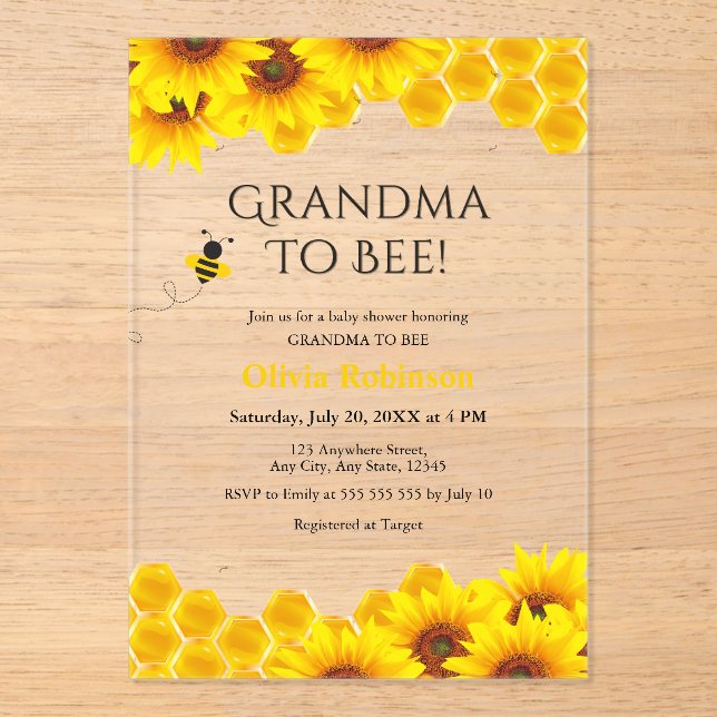 Invitaciones Acrílicas Abuela amarilla floral de Honeycomb se va a Baby S (Anverso)