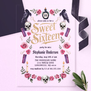 Invitaciones Acrílicas Academia Oscura Gótico Dorado Floral Dulce 16