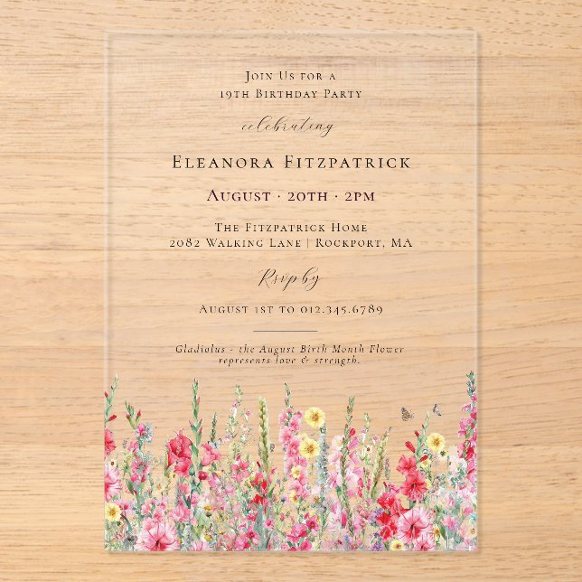 Invitaciones Acrílicas ACRÍLICO CLARO Cumpleaños 19 Flor de nacimiento de (Anverso)